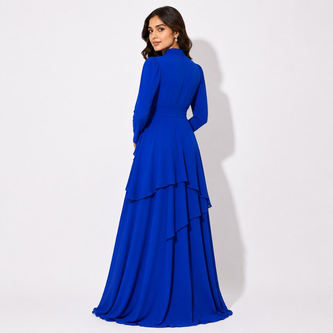 Royal Blue Layered Ruffle Maxi Gown with Embellished Waist Detail