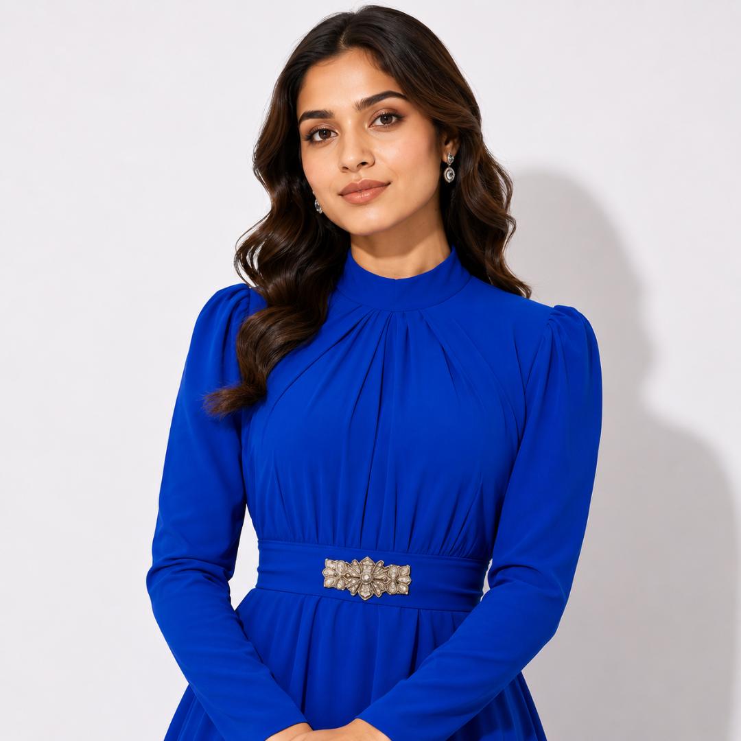 Royal Blue Layered Ruffle Maxi Gown with Embellished Waist Detail
