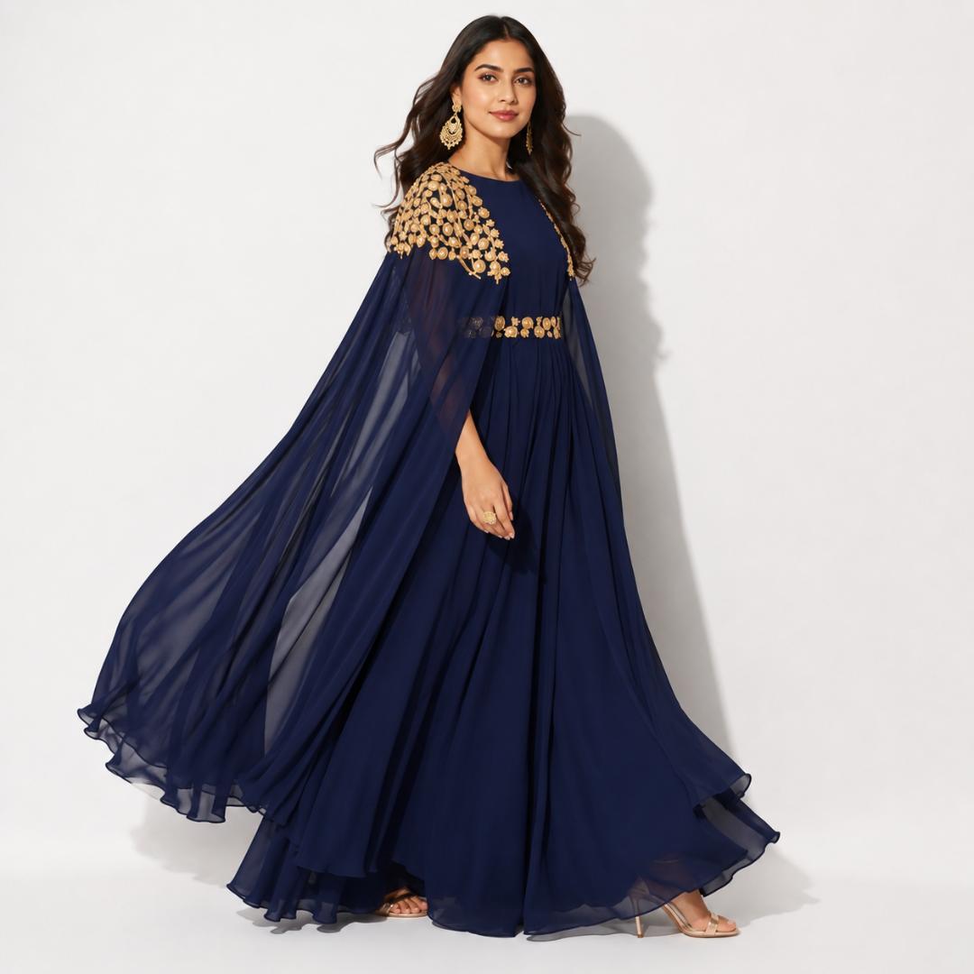 Royal Midnight Cape Embroidered Gown