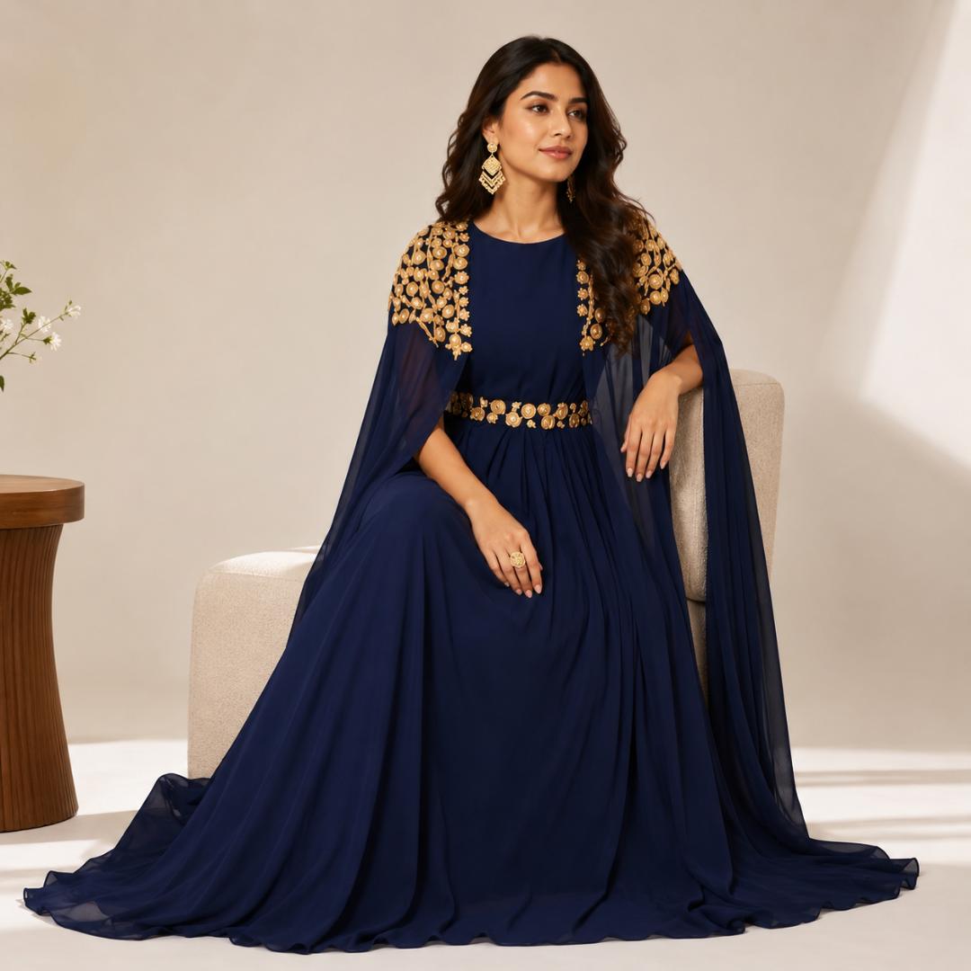 Royal Midnight Cape Embroidered Gown