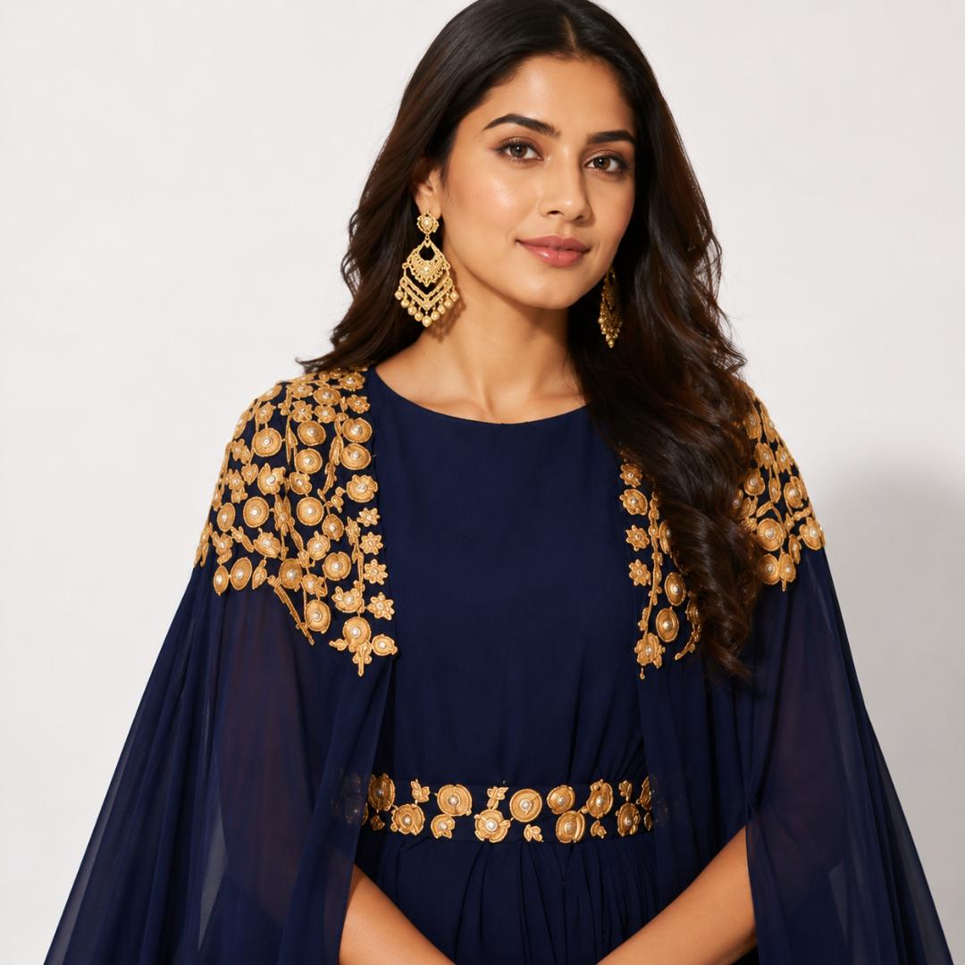 Royal Midnight Cape Embroidered Gown