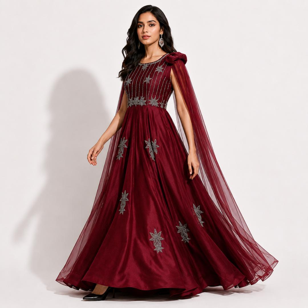 Ruby Red Embroidered Cape Sleeve Ball Gown with Metallic Detailing