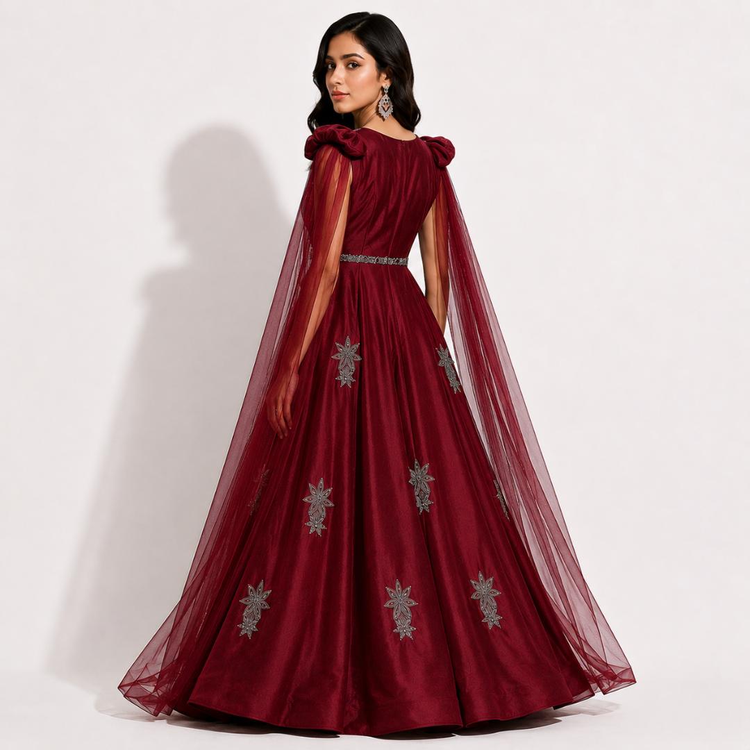 Ruby Red Embroidered Cape Sleeve Ball Gown with Metallic Detailing