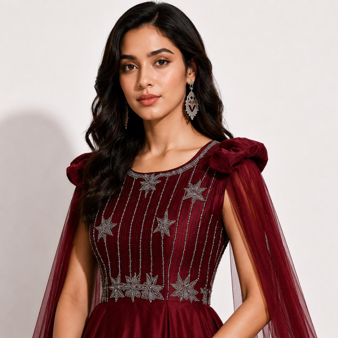 Ruby Red Embroidered Cape Sleeve Ball Gown with Metallic Detailing