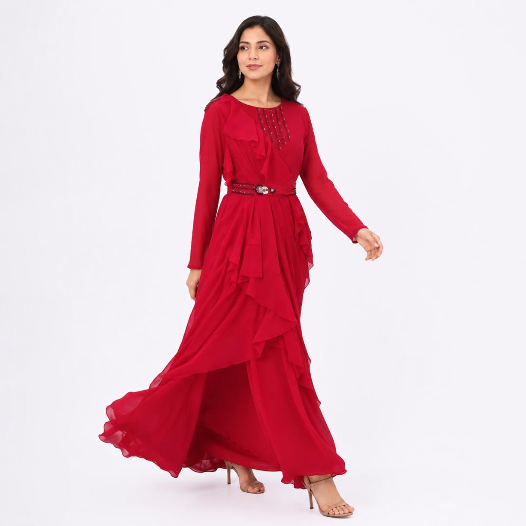 Ruby Red Layered Ruffle Gown with Embellished Belt