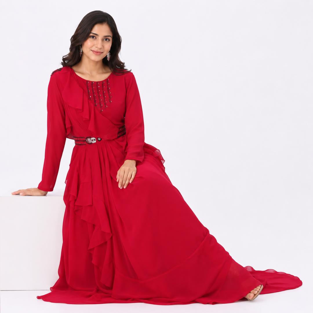 Ruby Red Layered Ruffle Gown with Embellished Belt