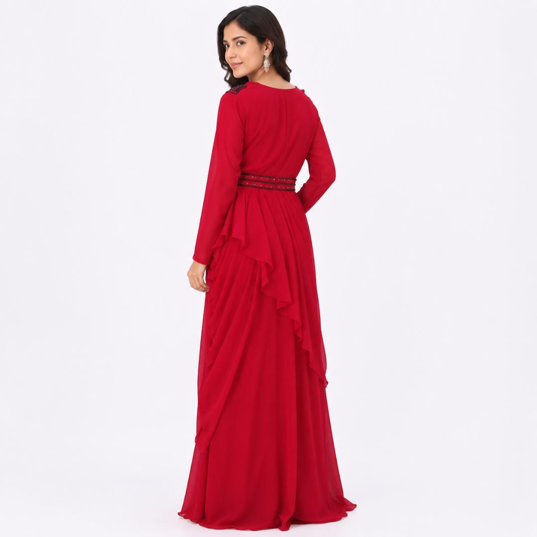 Ruby Red Layered Ruffle Gown with Embellished Belt