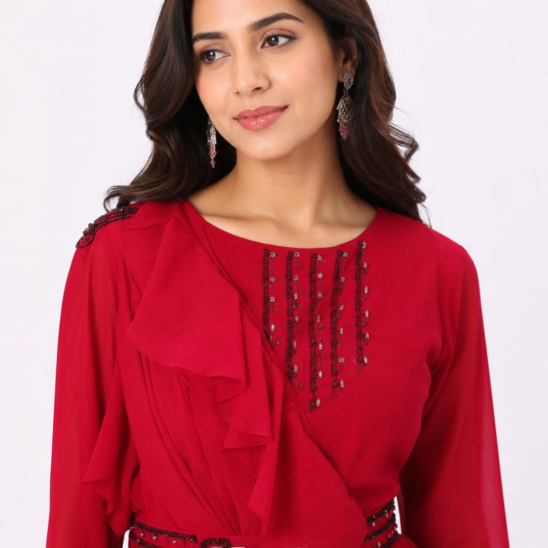 Ruby Red Layered Ruffle Gown with Embellished Belt
