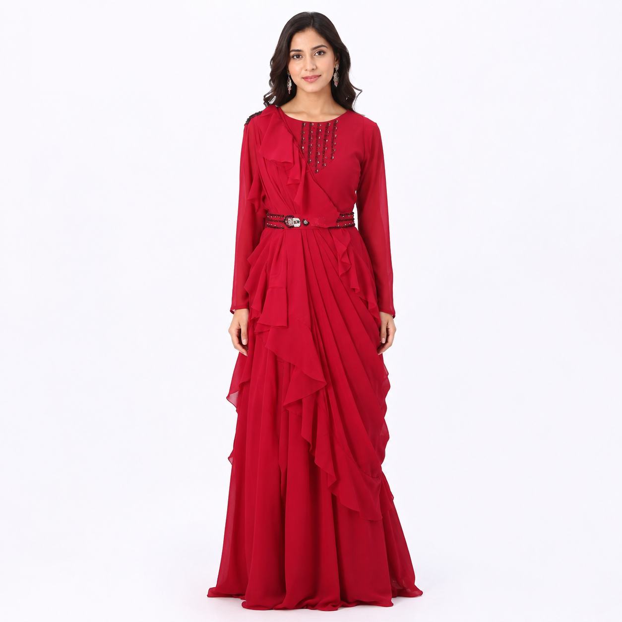 Ruby Red Layered Ruffle Gown with Embellished Belt