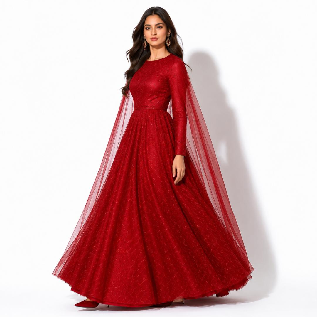 Ruby Red Shimmer Cape Sleeve Ball Gown with Flared Silhouette