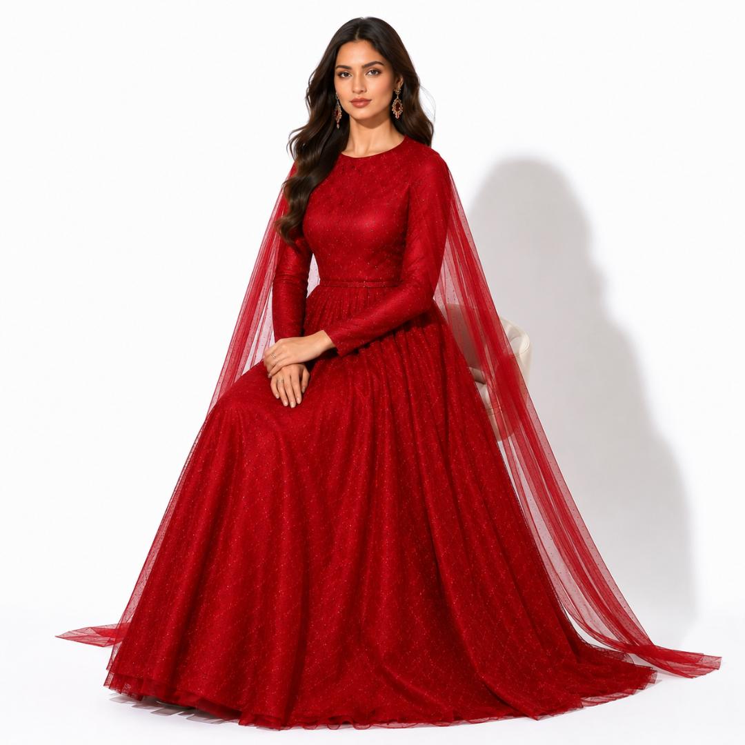 Ruby Red Shimmer Cape Sleeve Ball Gown with Flared Silhouette