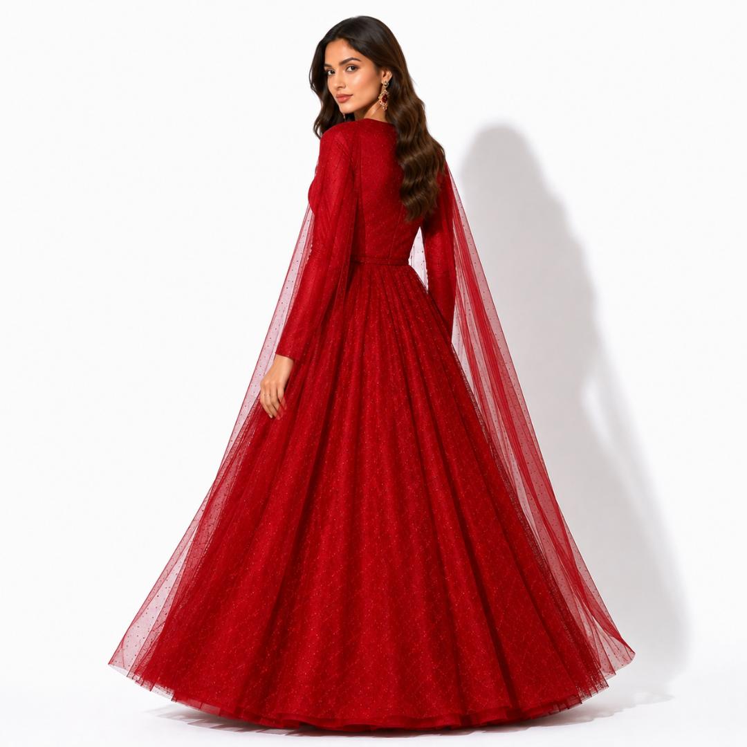 Ruby Red Shimmer Cape Sleeve Ball Gown with Flared Silhouette