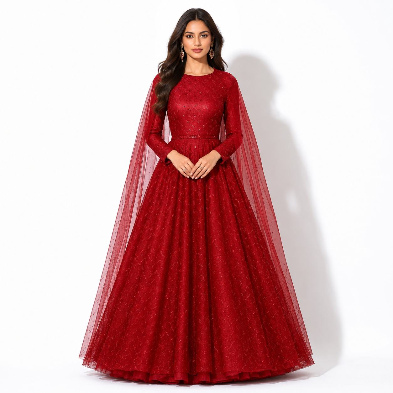 Ruby Red Shimmer Cape Sleeve Ball Gown with Flared Silhouette