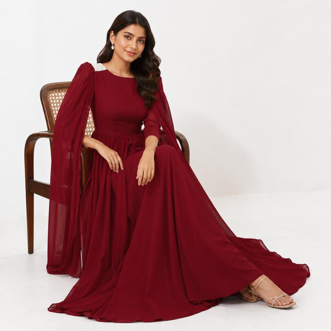 Ruby Royale Cape Sleeve Evening Gown