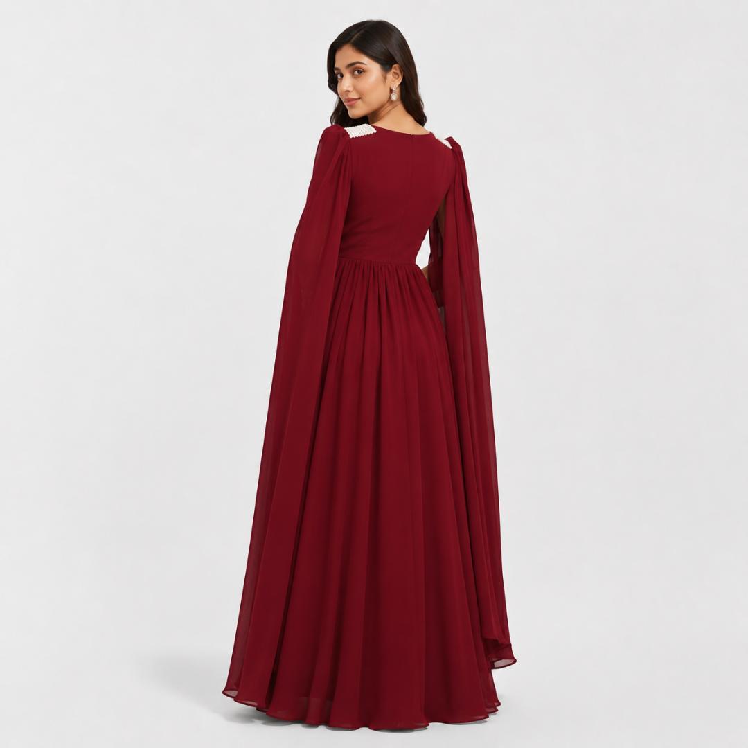 Ruby Royale Cape Sleeve Evening Gown