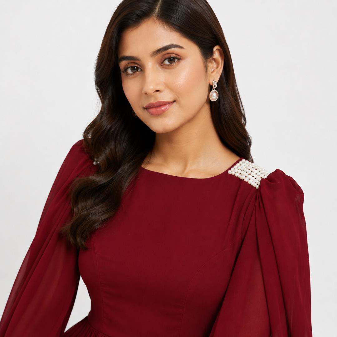 Ruby Royale Cape Sleeve Evening Gown