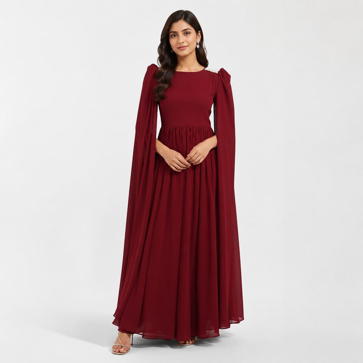 Ruby Royale Cape Sleeve Evening Gown