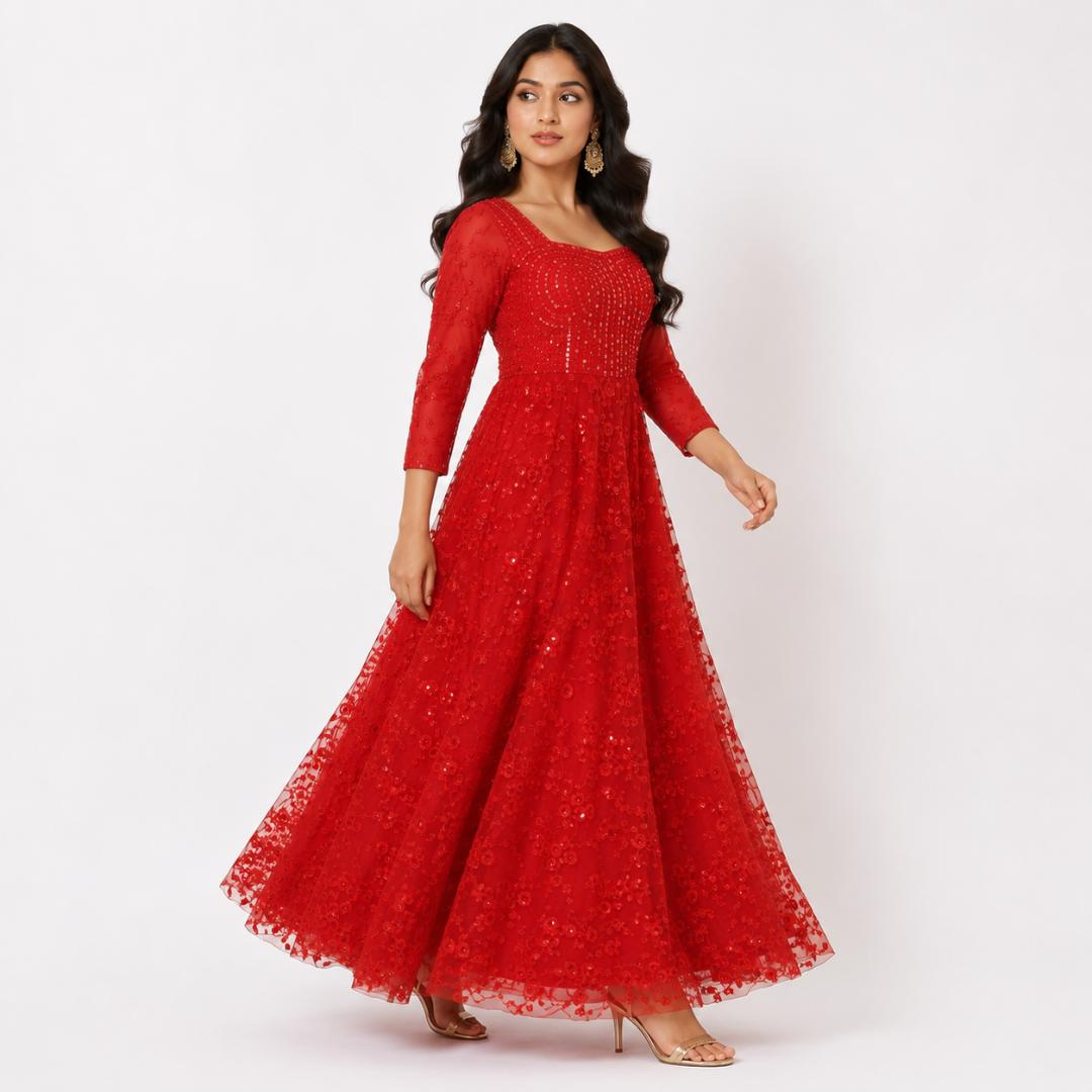 Scarlet Blossom Embroidered Princess Gown