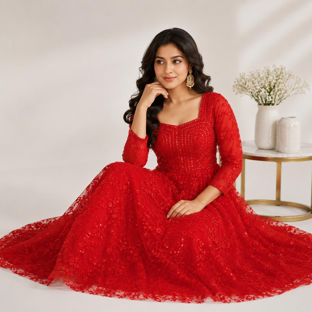 Scarlet Blossom Embroidered Princess Gown