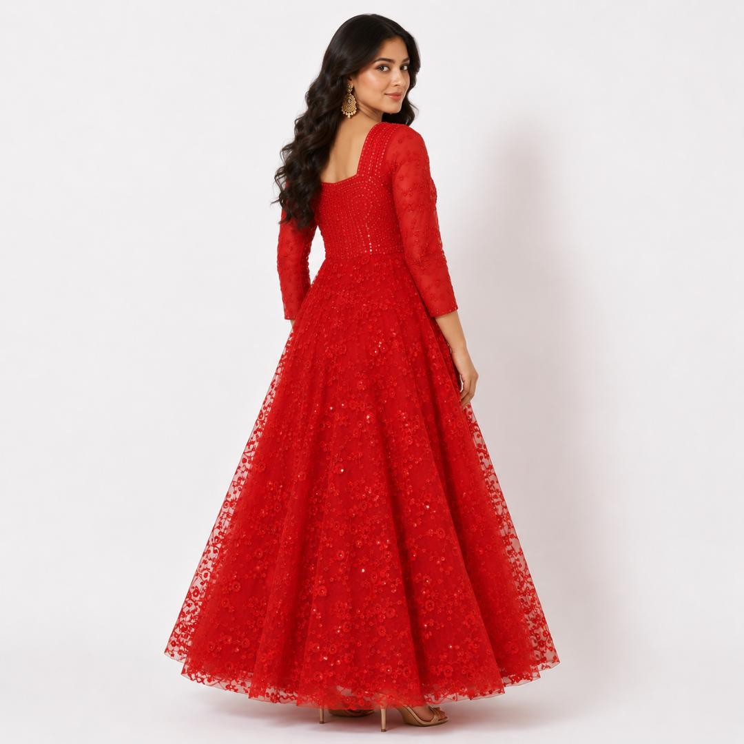 Scarlet Blossom Embroidered Princess Gown