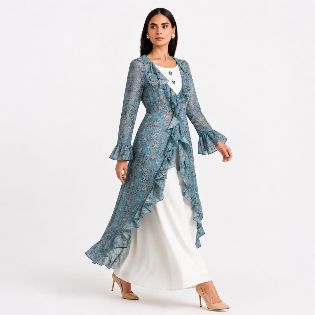 Sky Bloom Layered Ruffle Maxi Dress