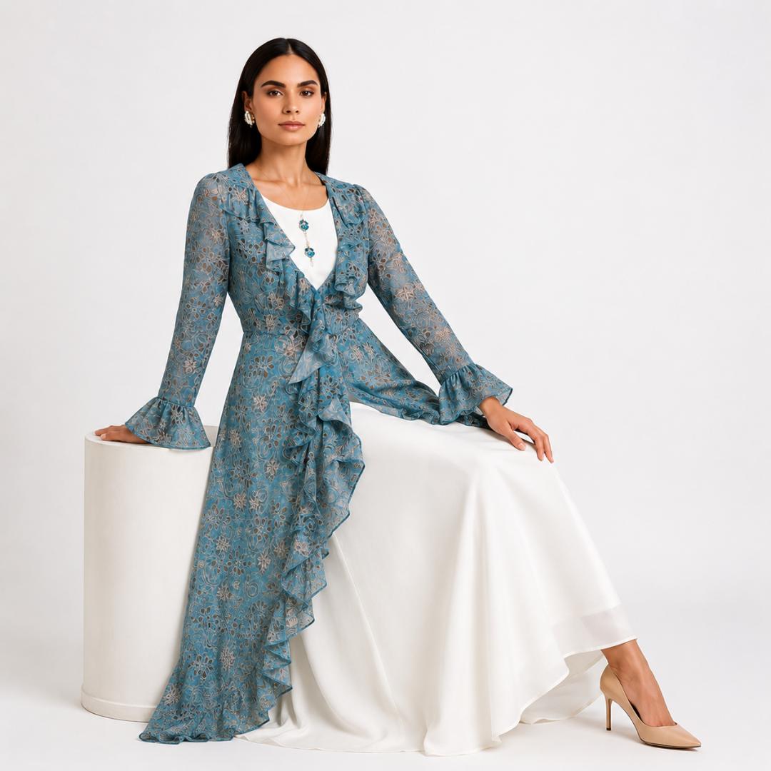 Sky Bloom Layered Ruffle Maxi Dress