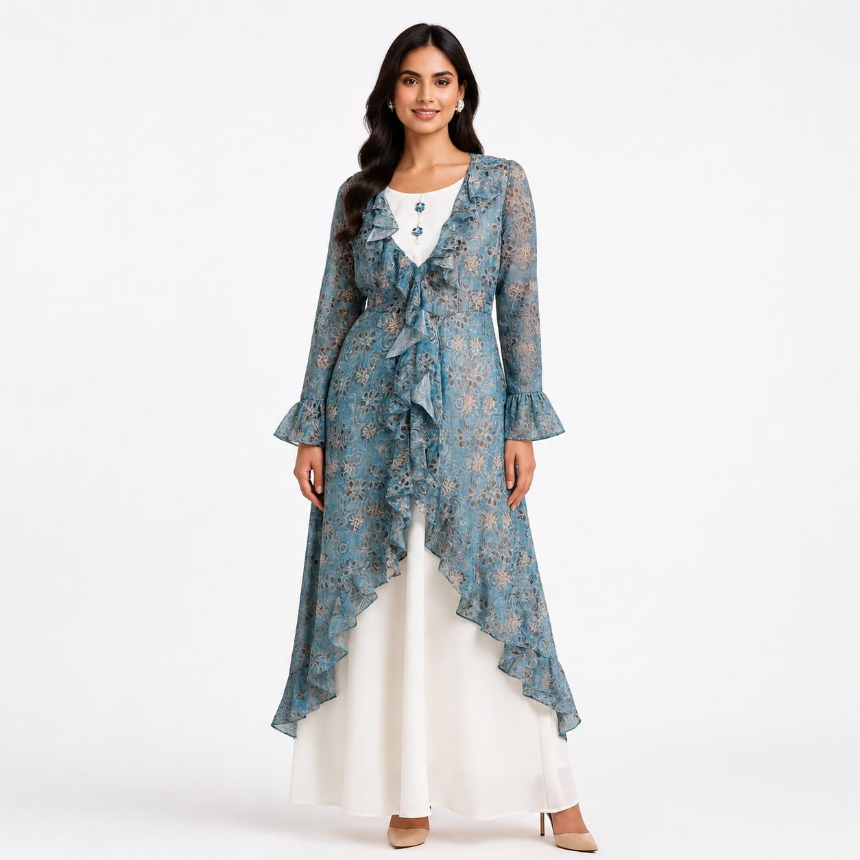 Sky Bloom Layered Ruffle Maxi Dress