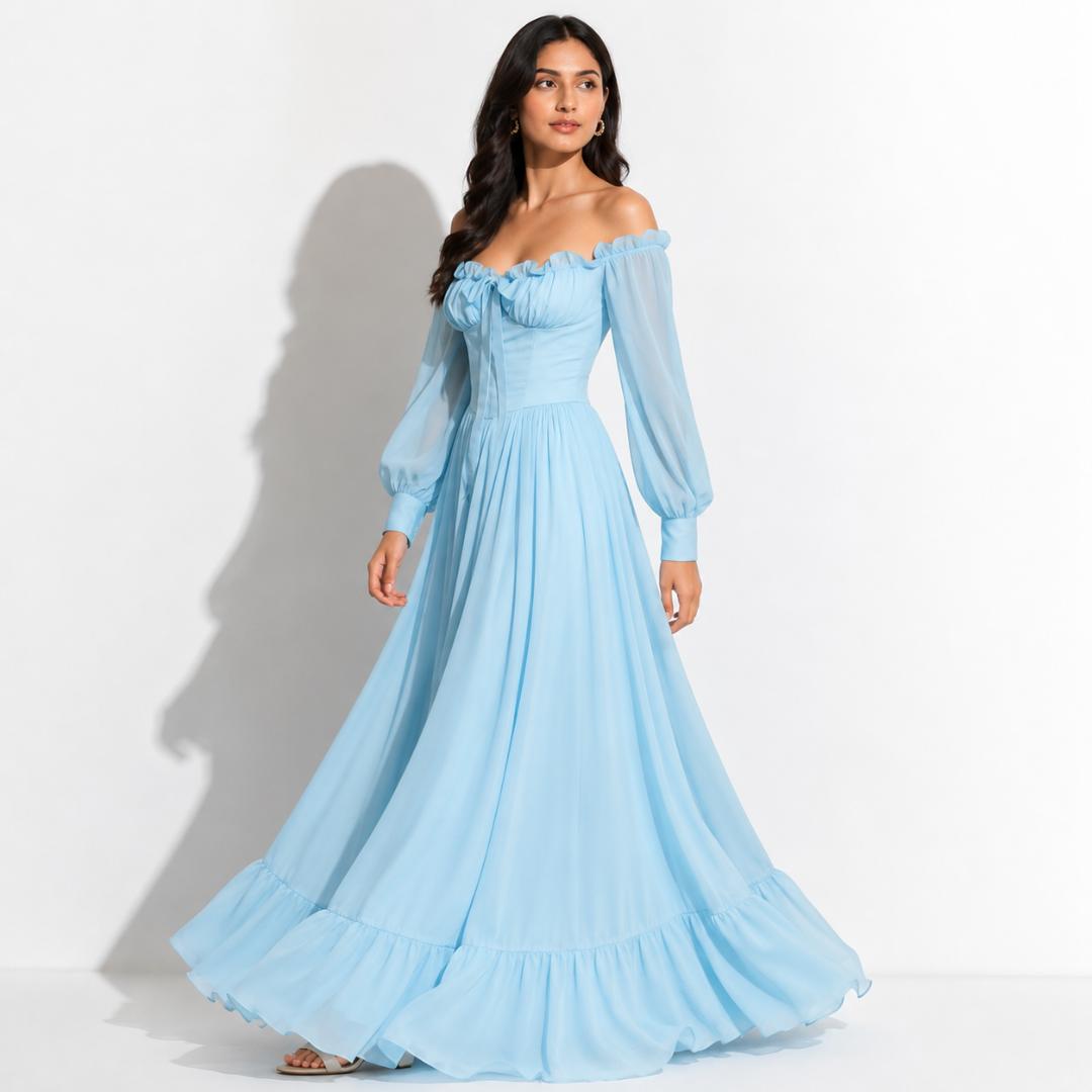 Sky Blue Off-Shoulder Ruffle Maxi Gown with Corset Fit