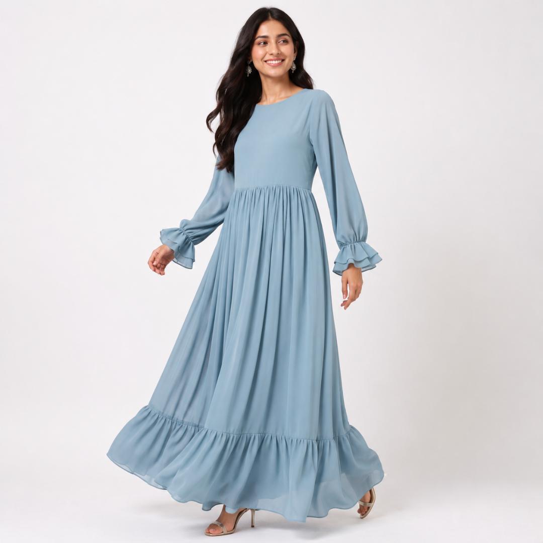 Sky Mist Ruffle Hem Maxi Dress