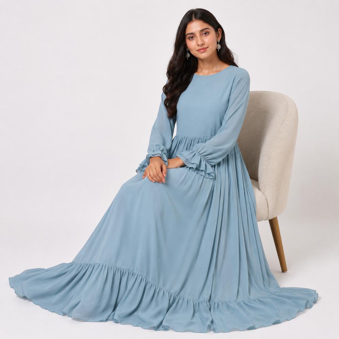 Sky Mist Ruffle Hem Maxi Dress