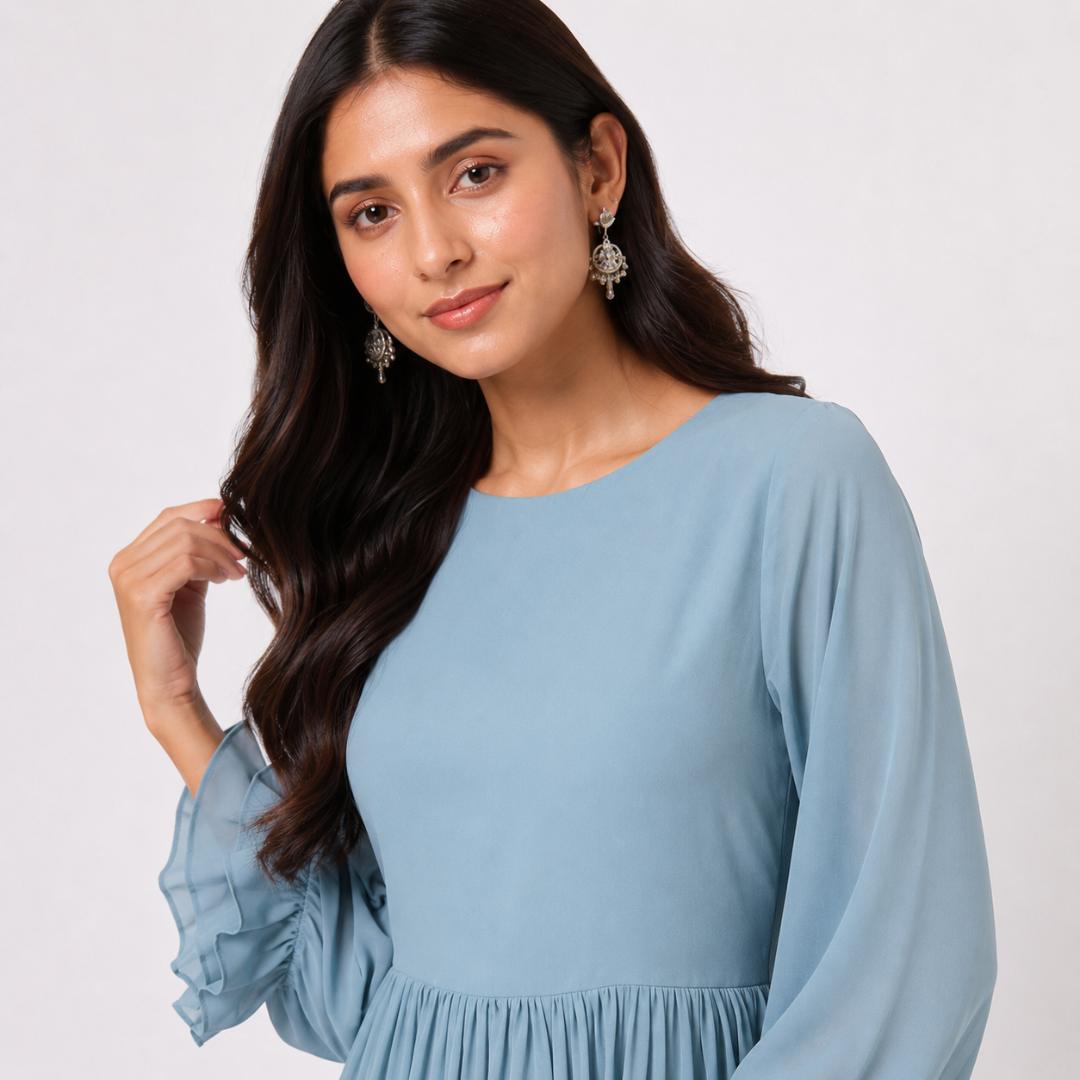 Sky Mist Ruffle Hem Maxi Dress