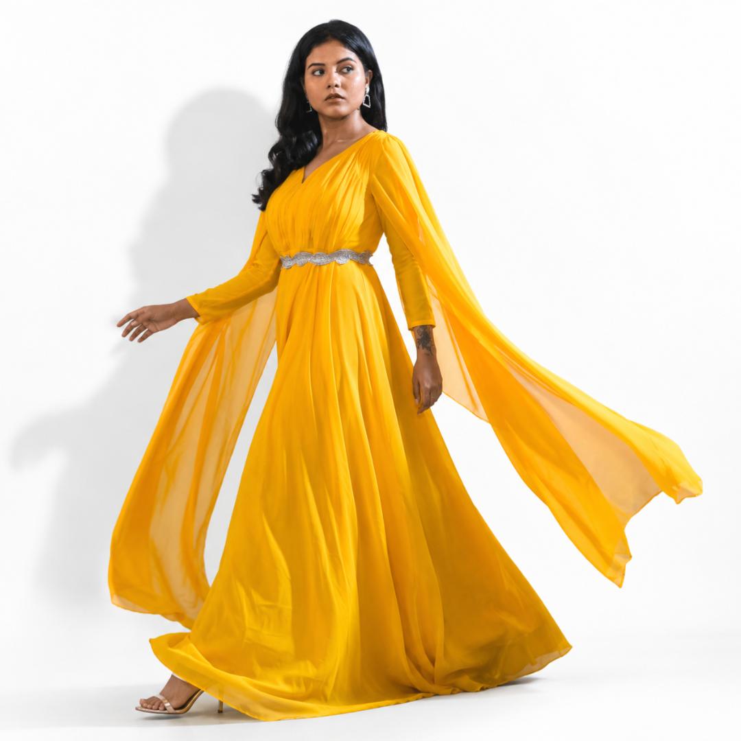 Sunflower Yellow Pleated Cape Sleeve Gown with Embellished Waist Belt