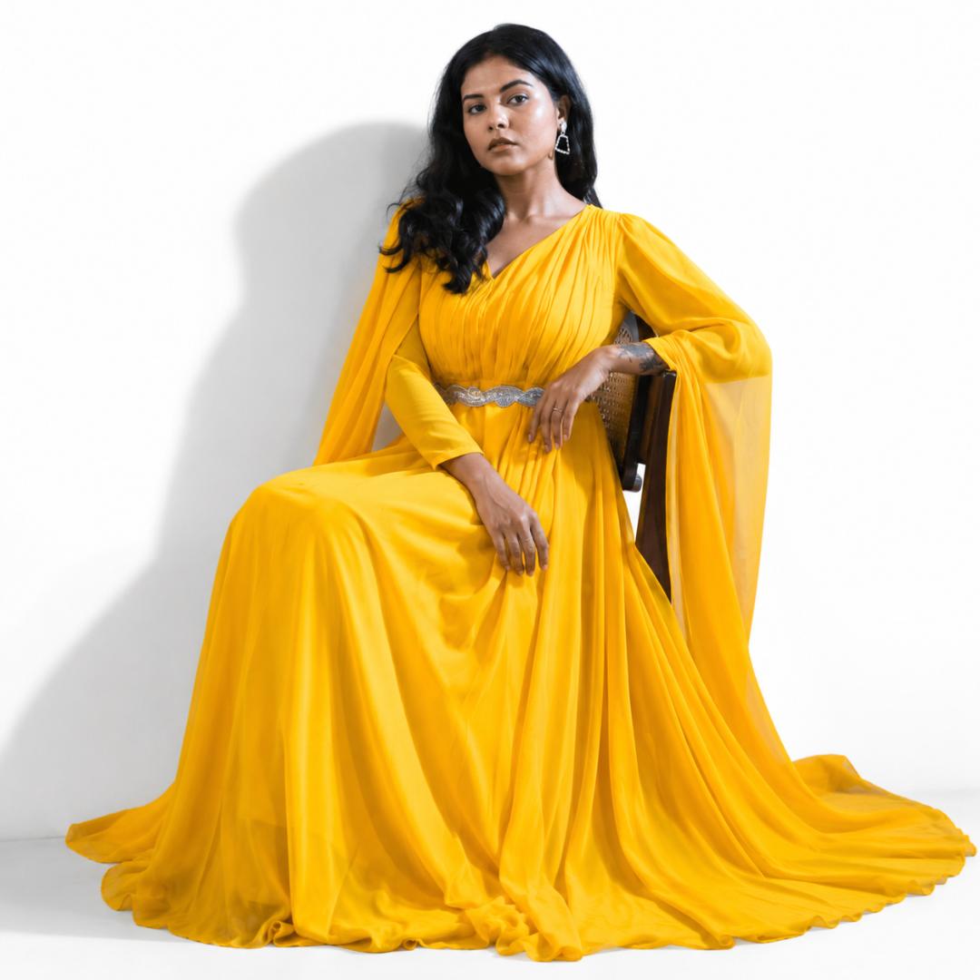 Sunflower Yellow Pleated Cape Sleeve Gown with Embellished Waist Belt