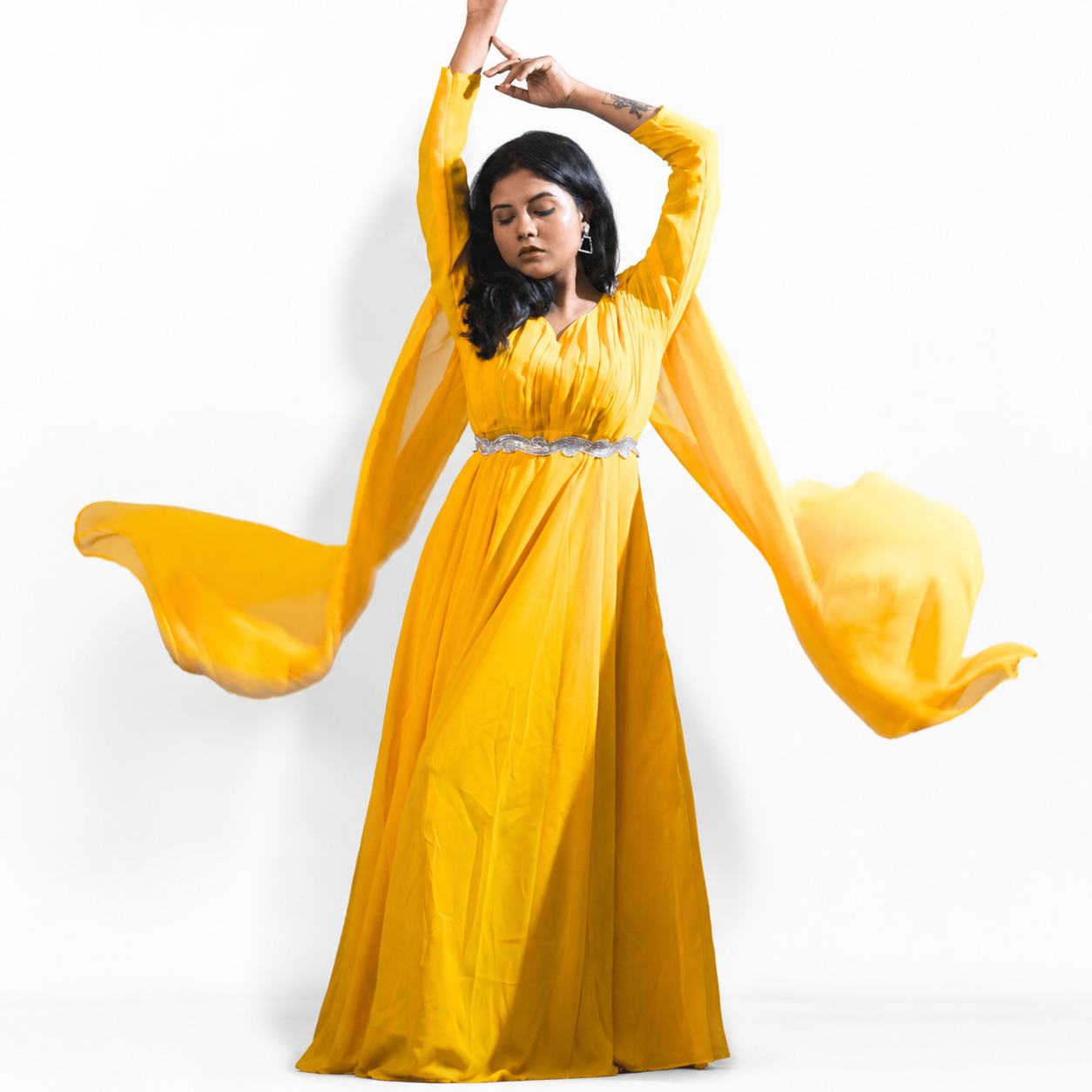 Sunflower Yellow Pleated Cape Sleeve Gown with Embellished Waist Belt