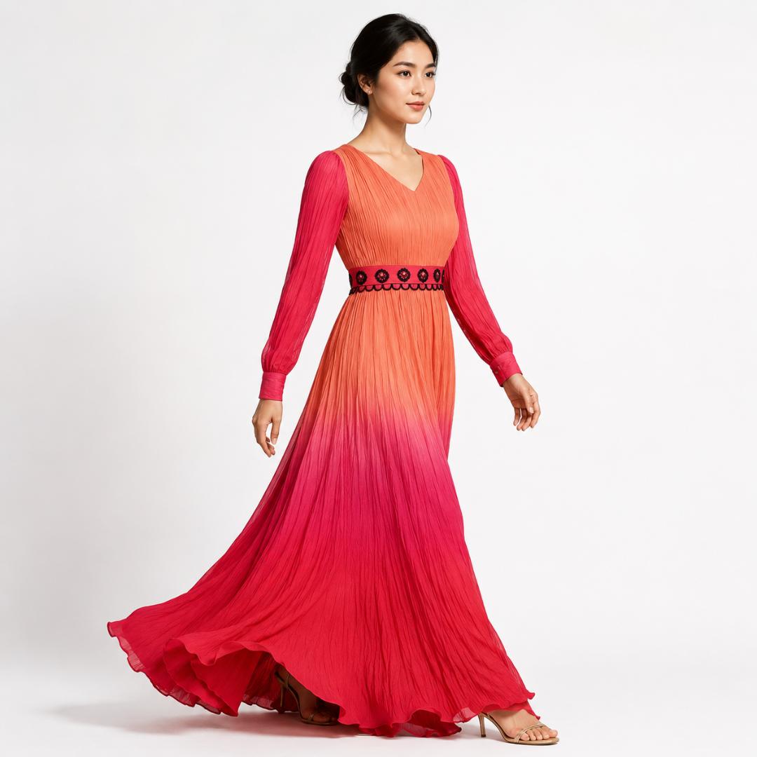 Sunset Pink Ombre Pleated Maxi Dress with Embroidered Waist Belt