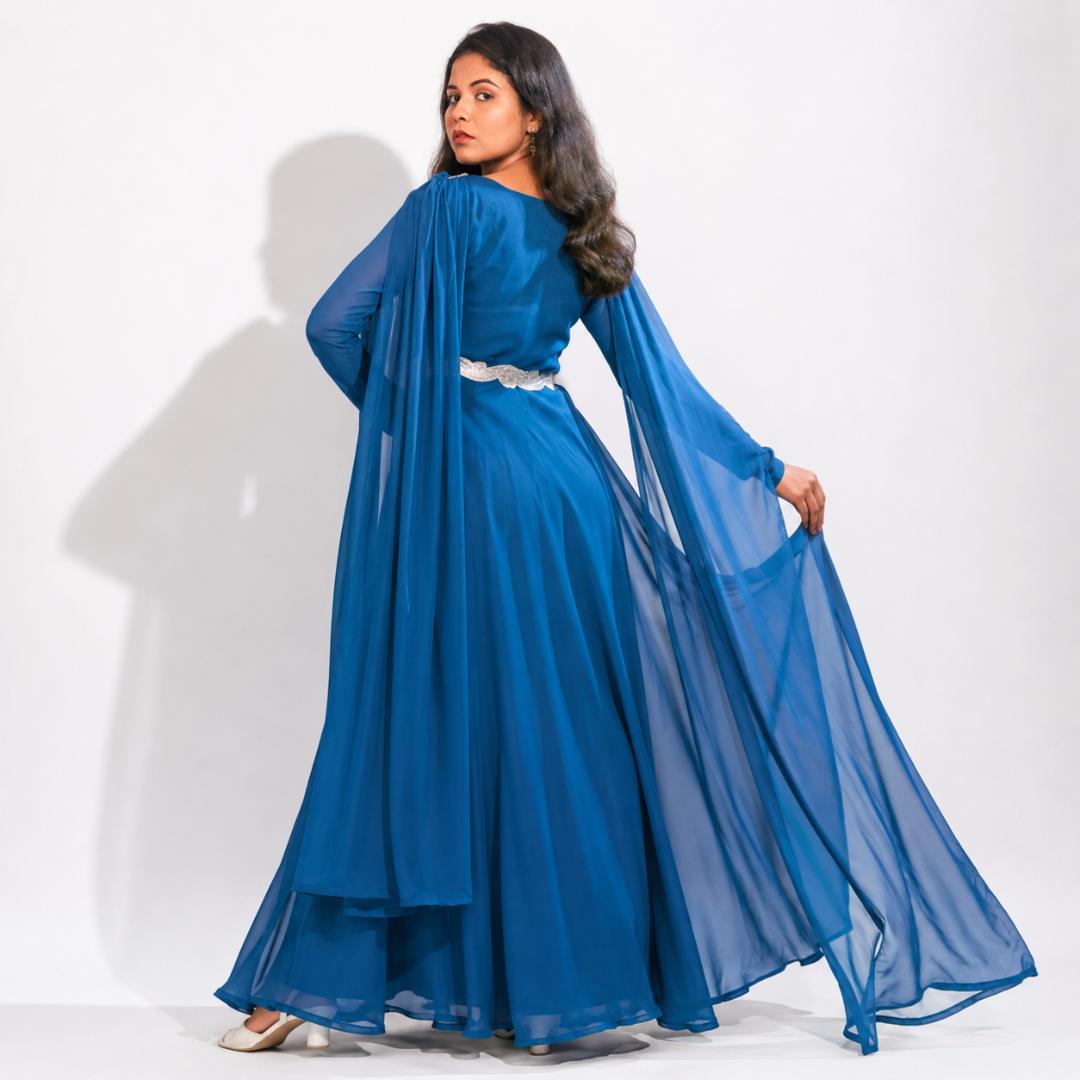 Teal Blue Pleated Cape Sleeve Gown with Embellished Waist Belt
