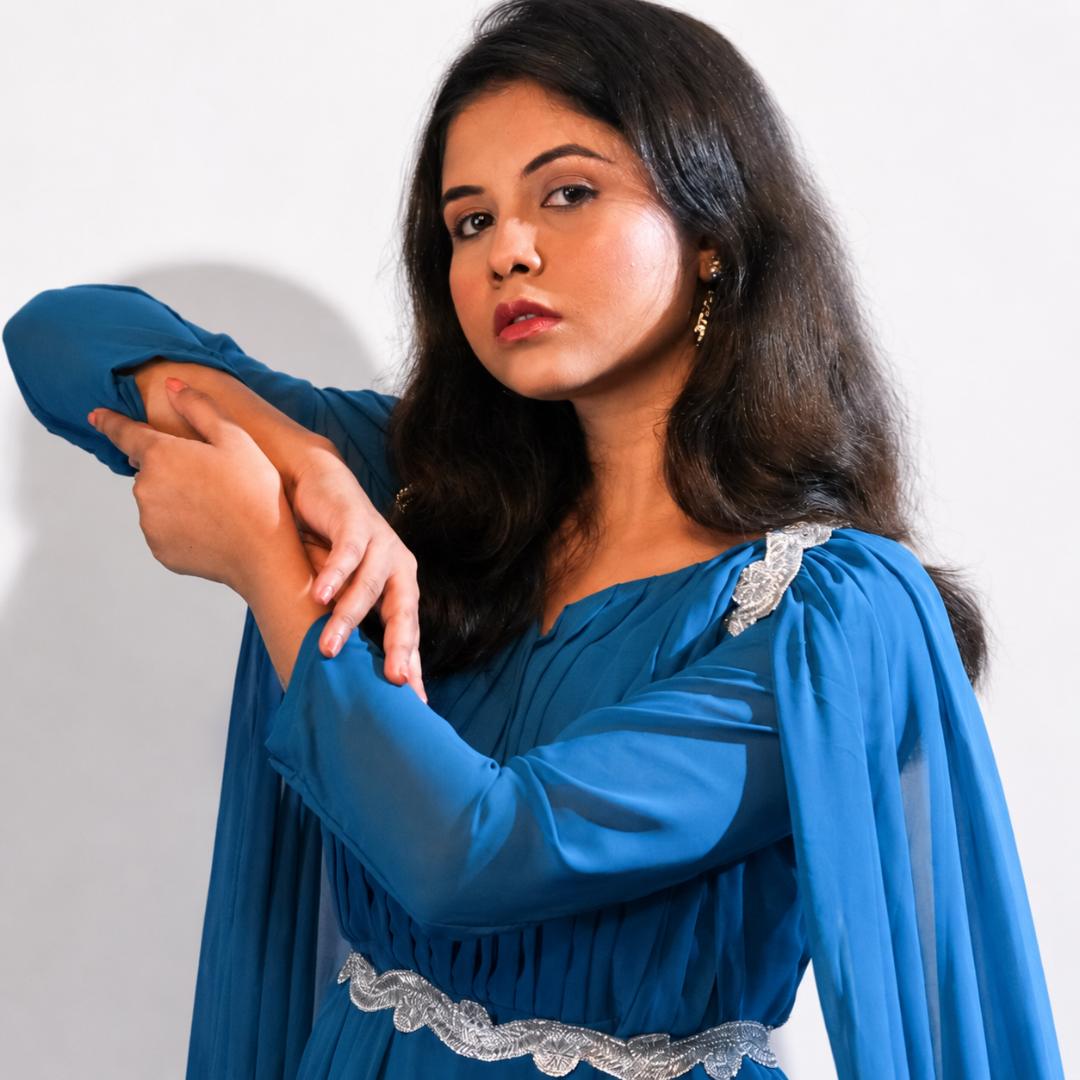 Teal Blue Pleated Cape Sleeve Gown with Embellished Waist Belt