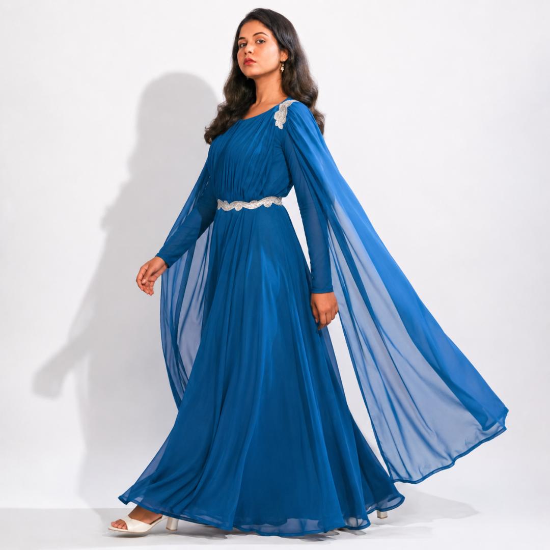 Teal Blue Pleated Cape Sleeve Gown with Embellished Waist Belt