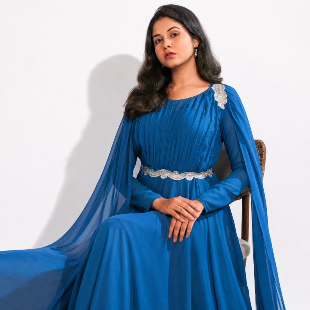 Teal Blue Pleated Cape Sleeve Gown with Embellished Waist Belt