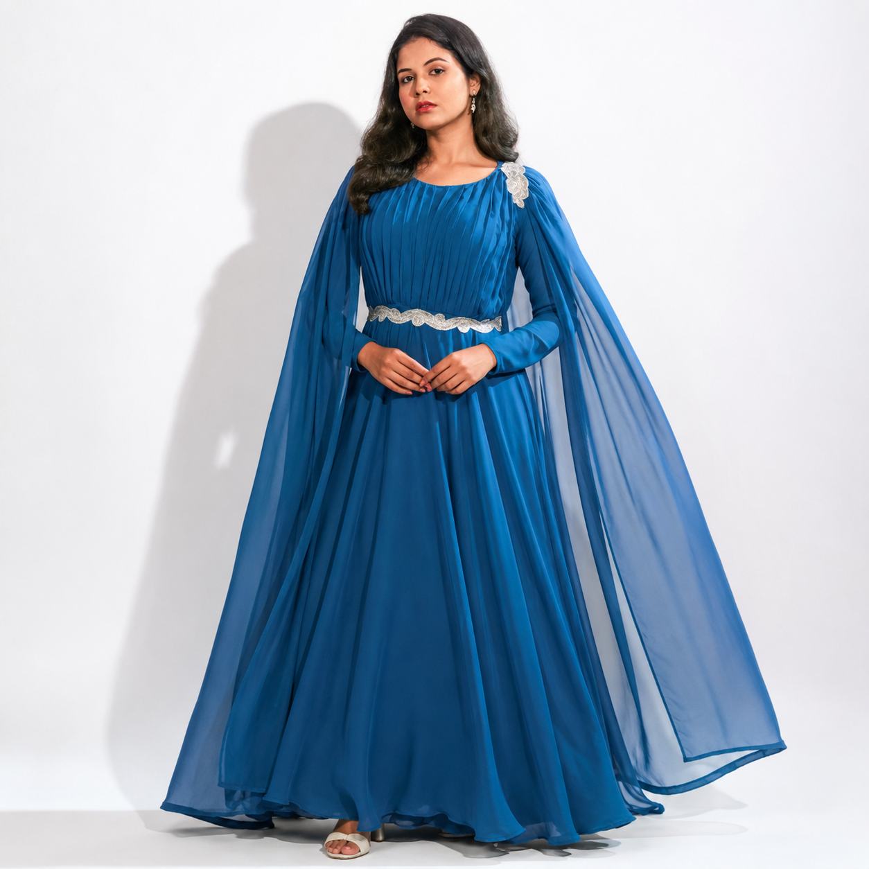 Teal Blue Pleated Cape Sleeve Gown with Embellished Waist Belt