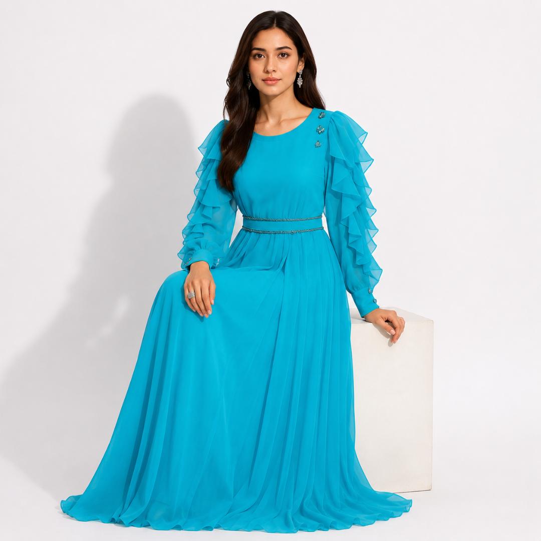 Teal Blue Ruffle Sleeve Maxi Gown