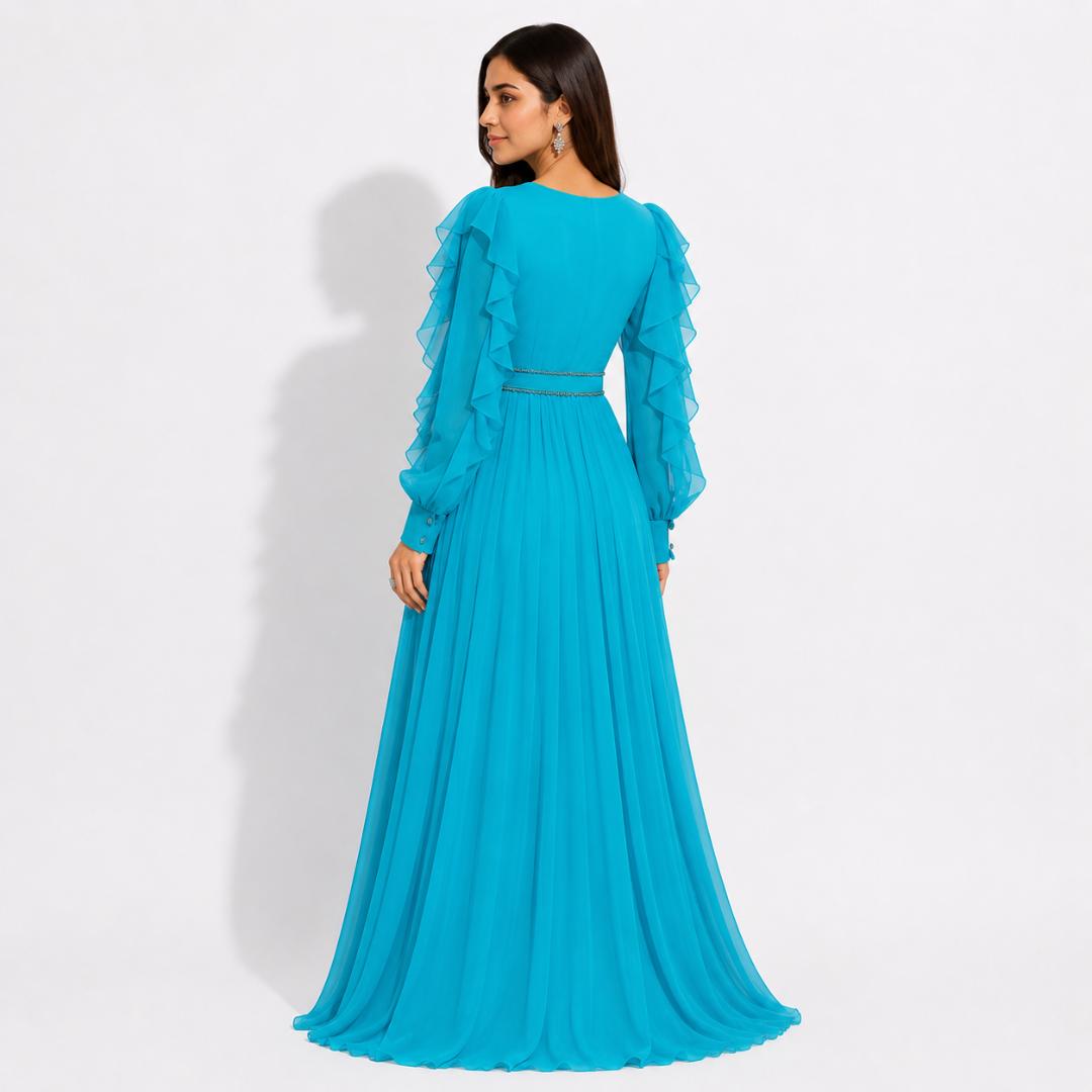 Teal Blue Ruffle Sleeve Maxi Gown