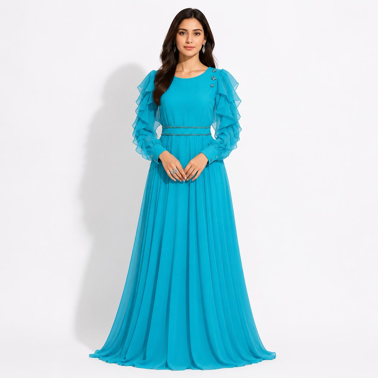 Teal Blue Ruffle Sleeve Maxi Gown