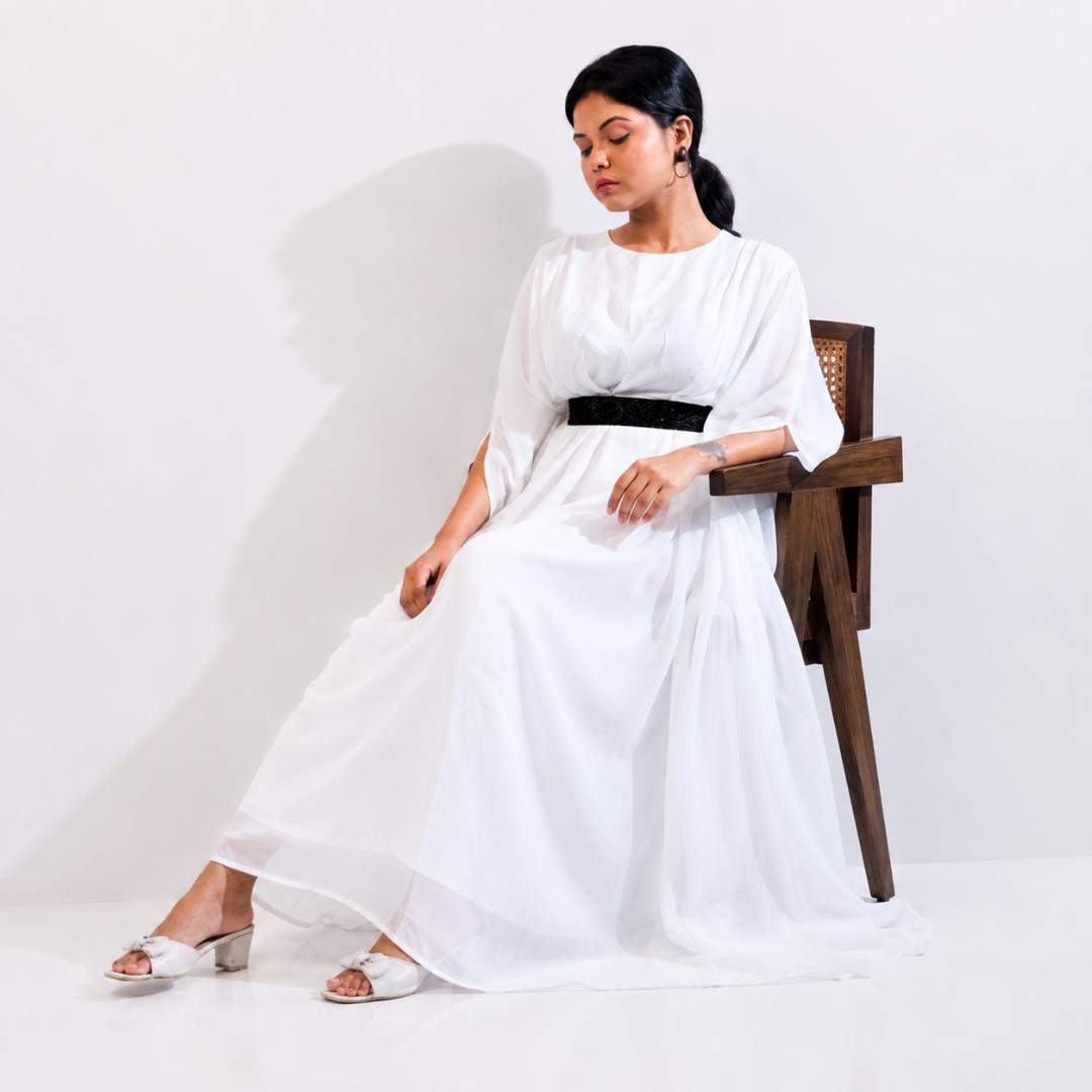 White  Kaftan with Black Belt Detail