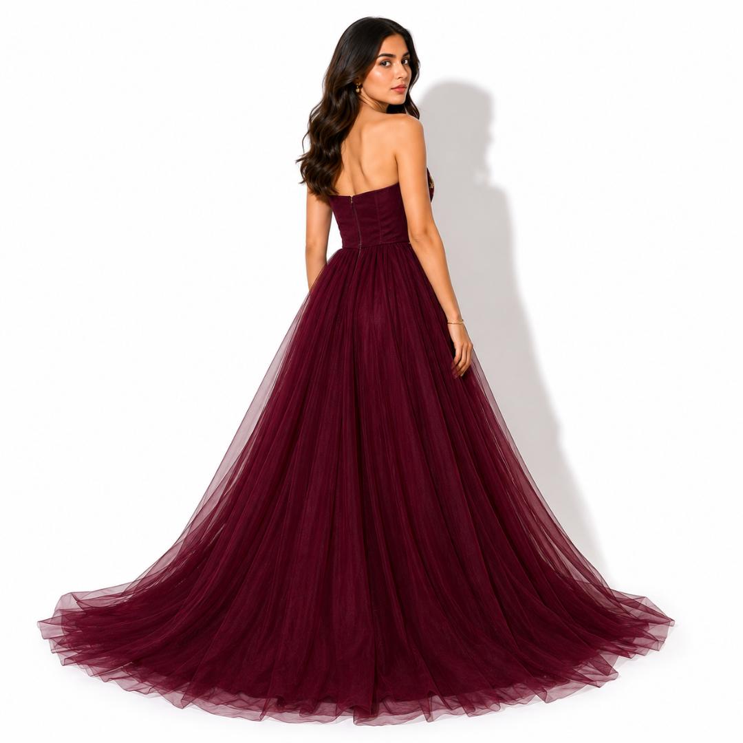 Wine Floral Embroidered Ball Gown