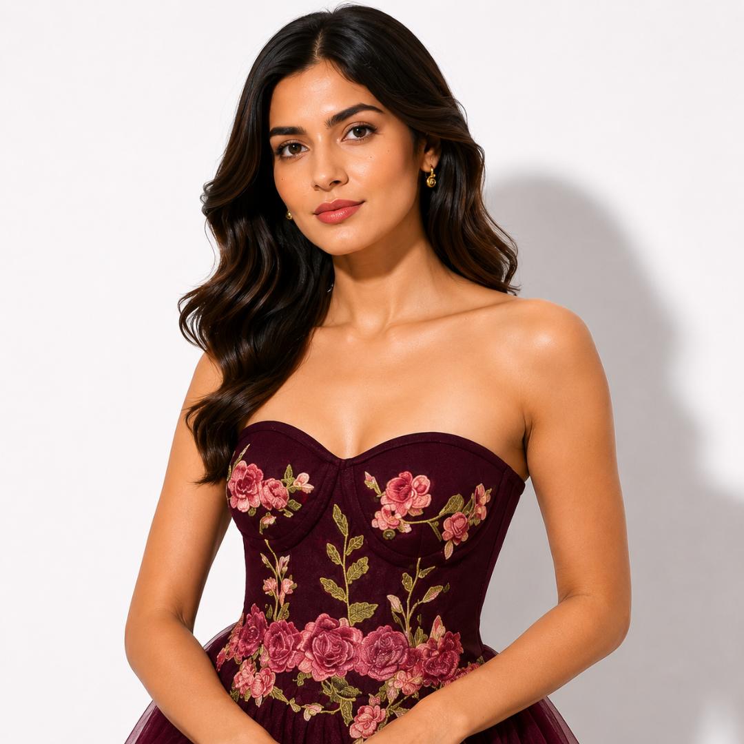 Wine Floral Embroidered Ball Gown