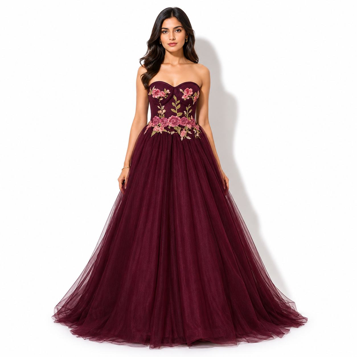 Wine Floral Embroidered Ball Gown