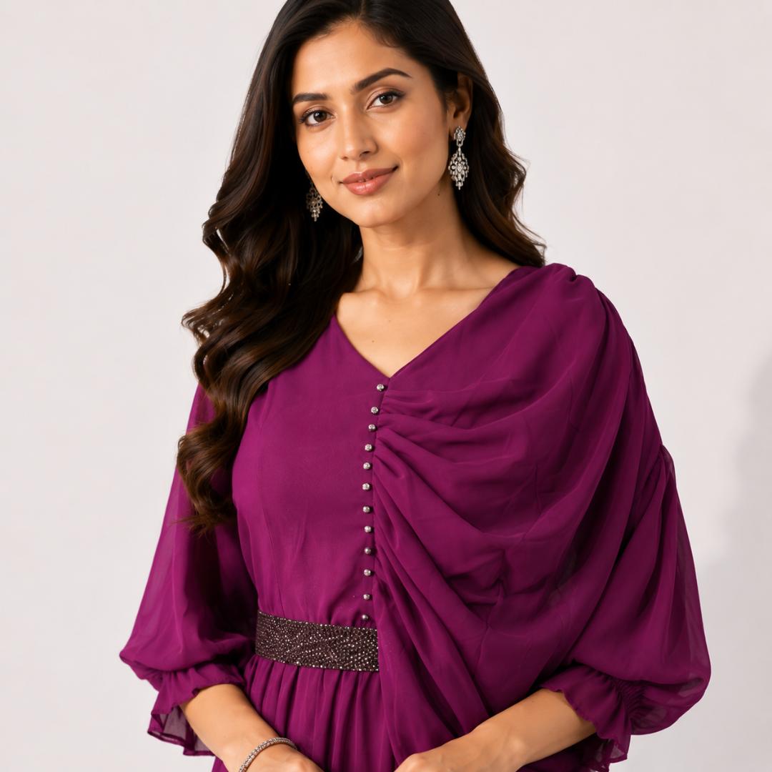 Wine Purple Draped Cape Style Gown with Embellished Waist Belt