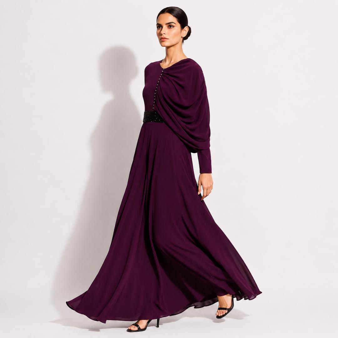 Wine Purple Draped Waist Elegant Maxi Gown with Embellished Belt