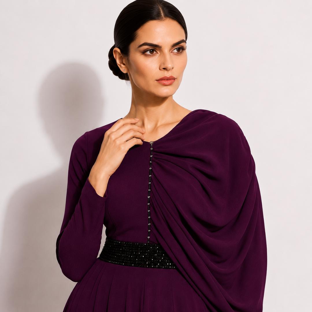 Wine Purple Draped Waist Elegant Maxi Gown with Embellished Belt